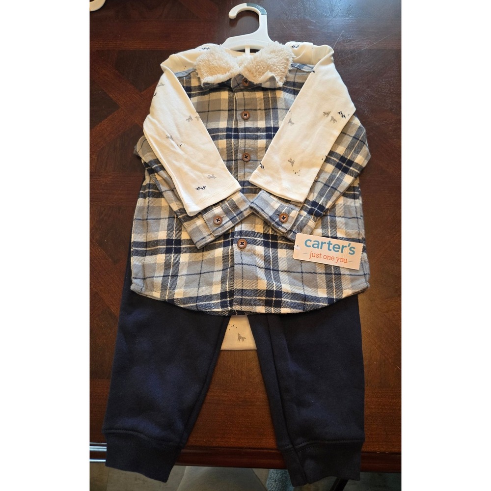 Carter's Just One You Baby Boys 18M 3-Piece Plaid Flannel Set Blue Gray 1R740810